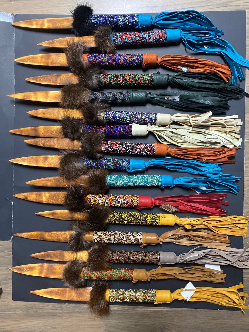 Native American Handmade By Creek Artist La Ne Ayo Buffalo Bone Beaded, Leather Wrapped Knife 13in.