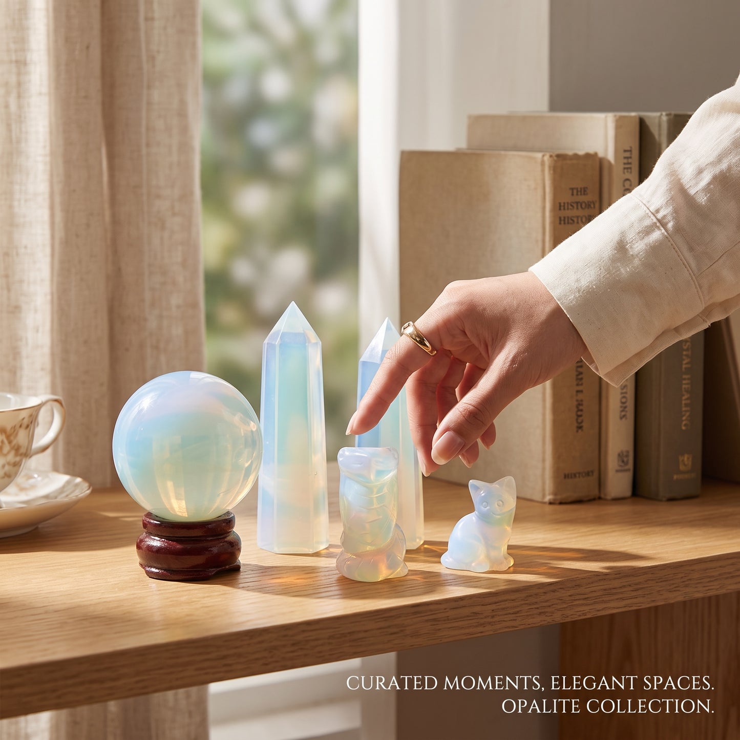 Opalite Crystal Set – Sphere, Double Towers, Snake & Cat Carvings | Meditation, Energy Healing