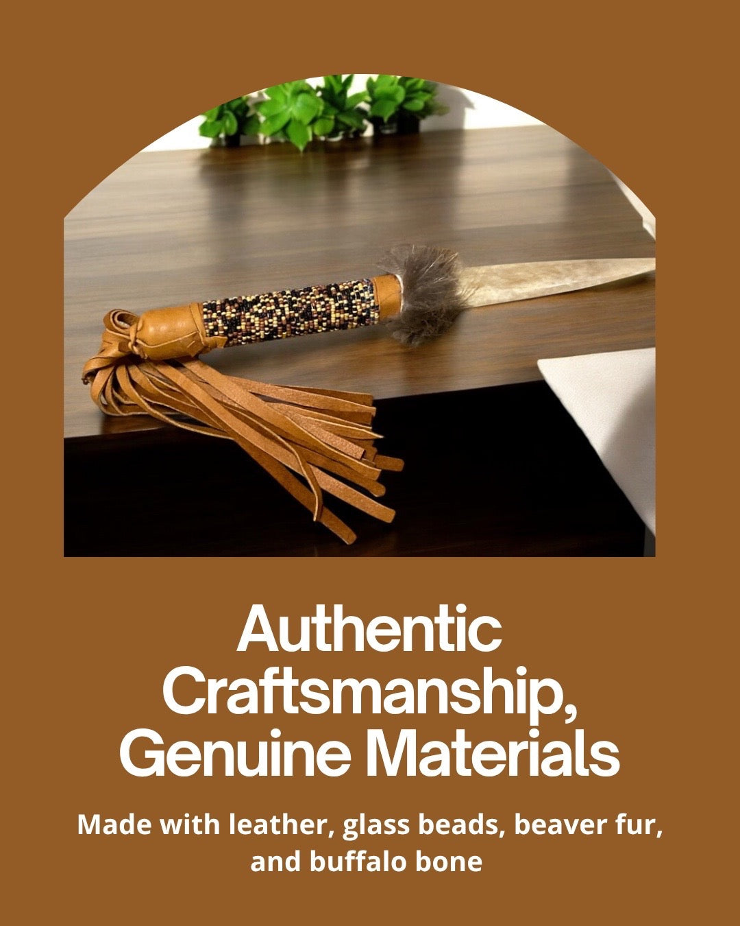 Native American Handmade By Creek Artist La Ne Ayo Buffalo Bone Beaded, Leather Wrapped Knife 13in.