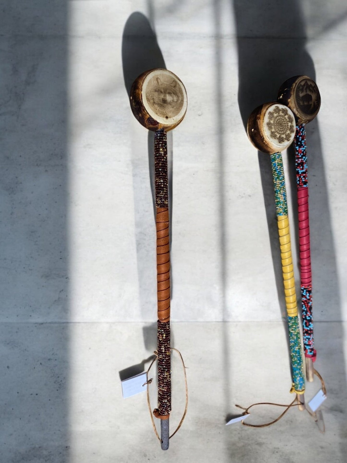 Authentic Native American Engraved Rattle 20" Leather & Bead Wrapped By Creek Artist La Ne Ayo - JoyfulBliss Co.