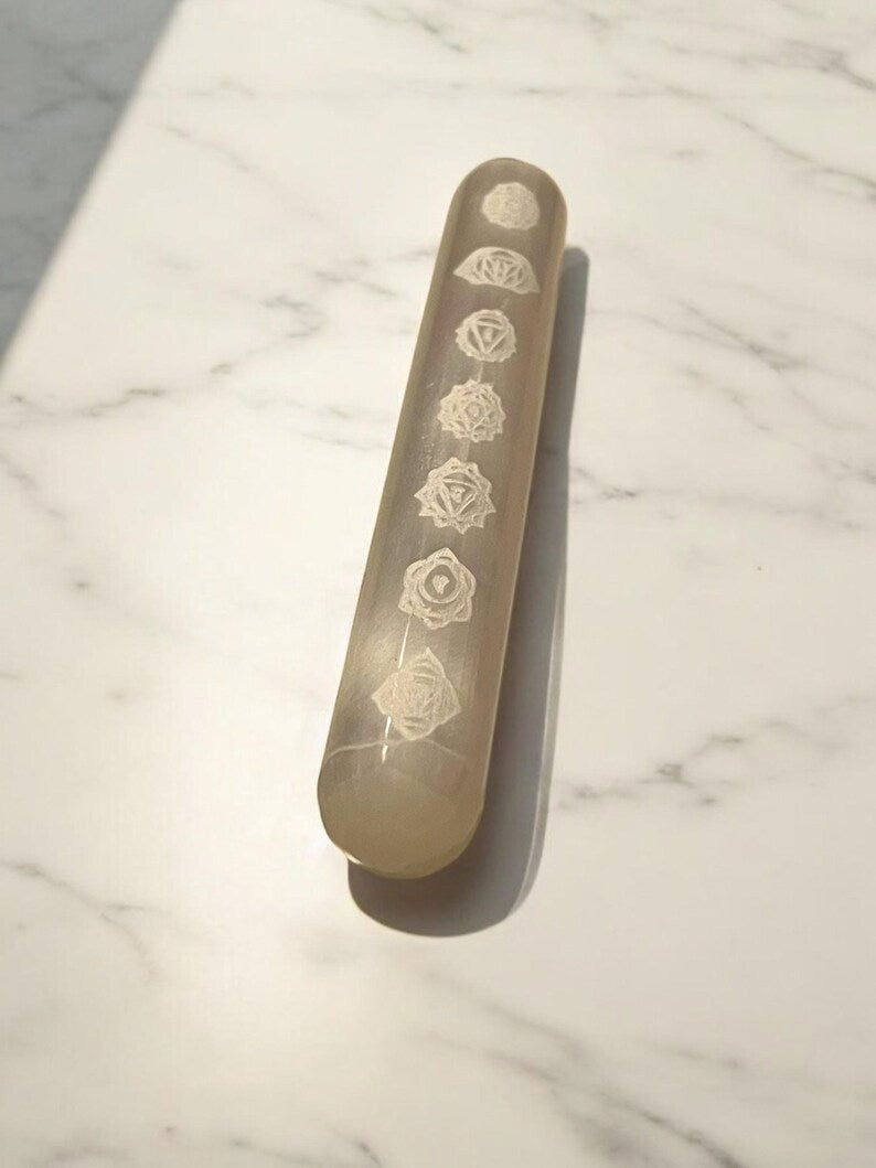 Chakra Engraved Selenite Crystal Wand (6”) - JoyfulBliss Co.