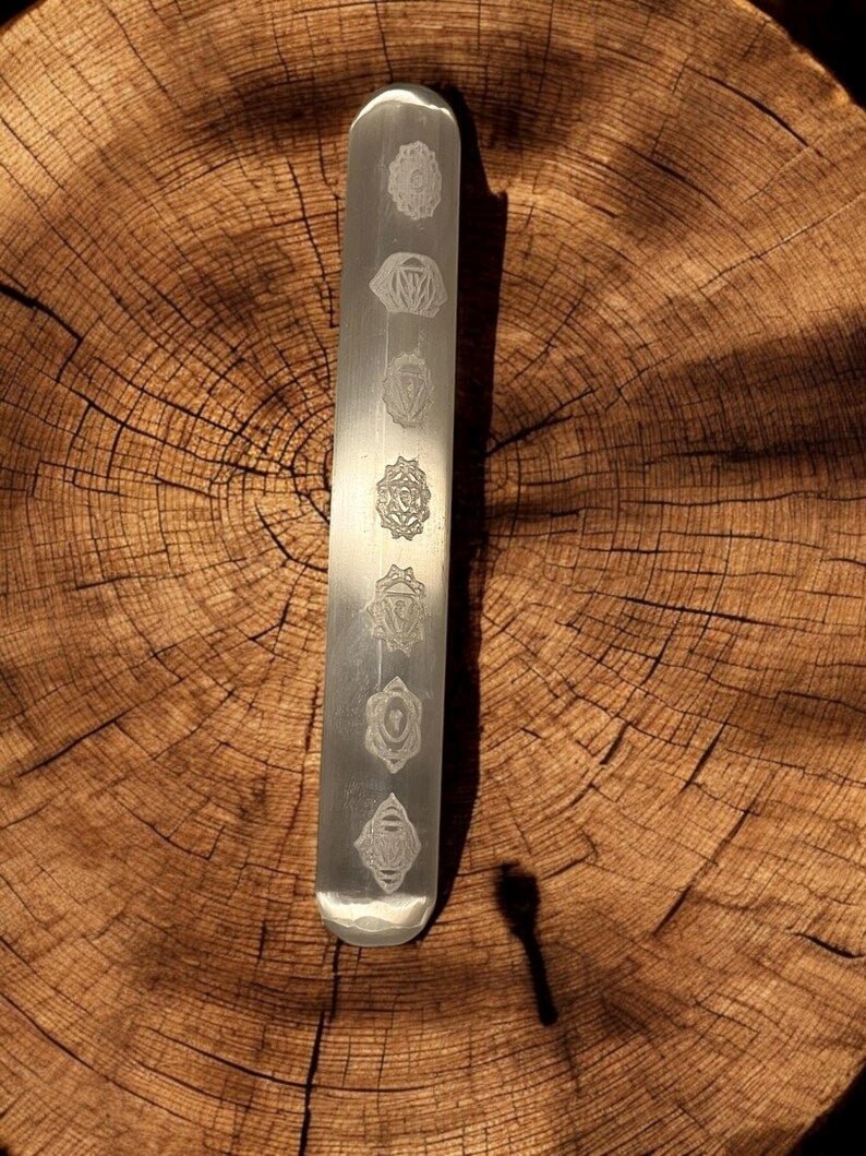 Chakra Engraved Selenite Crystal Wand (6”) - JoyfulBliss Co.