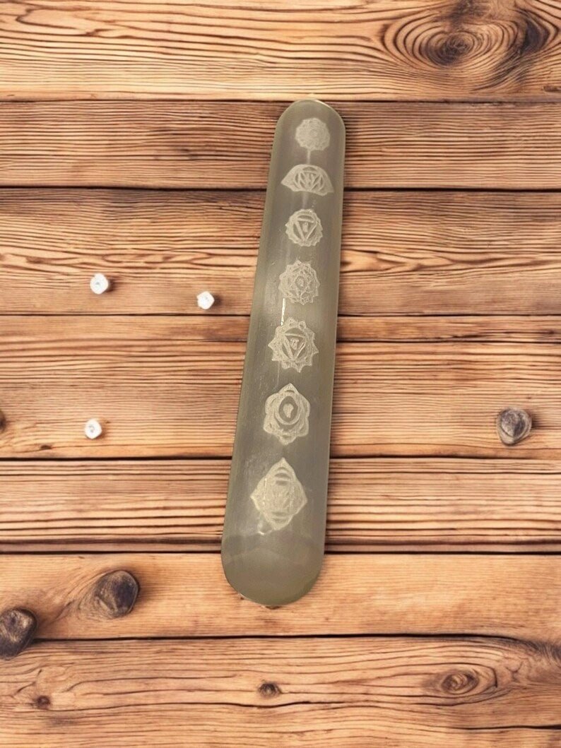 Chakra Engraved Selenite Crystal Wand (6”) - JoyfulBliss Co.