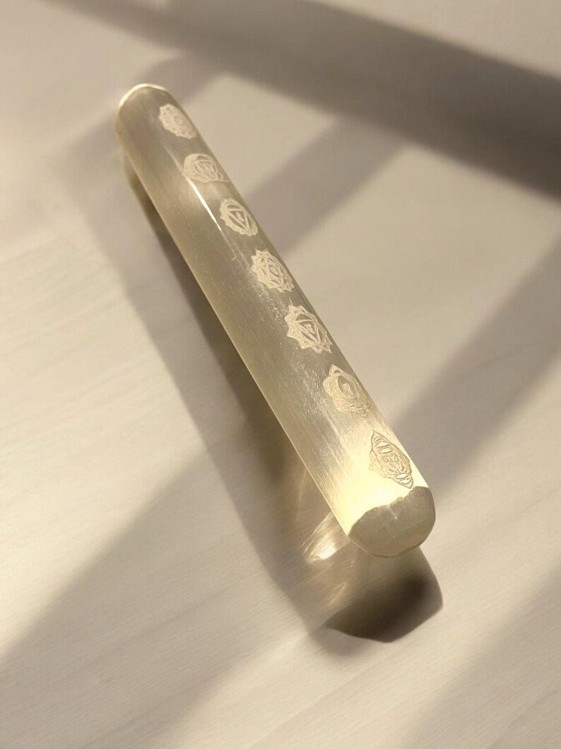 Chakra Engraved Selenite Crystal Wand (6”) - JoyfulBliss Co.