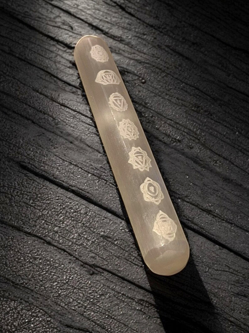 Chakra Engraved Selenite Crystal Wand (6”) - JoyfulBliss Co.