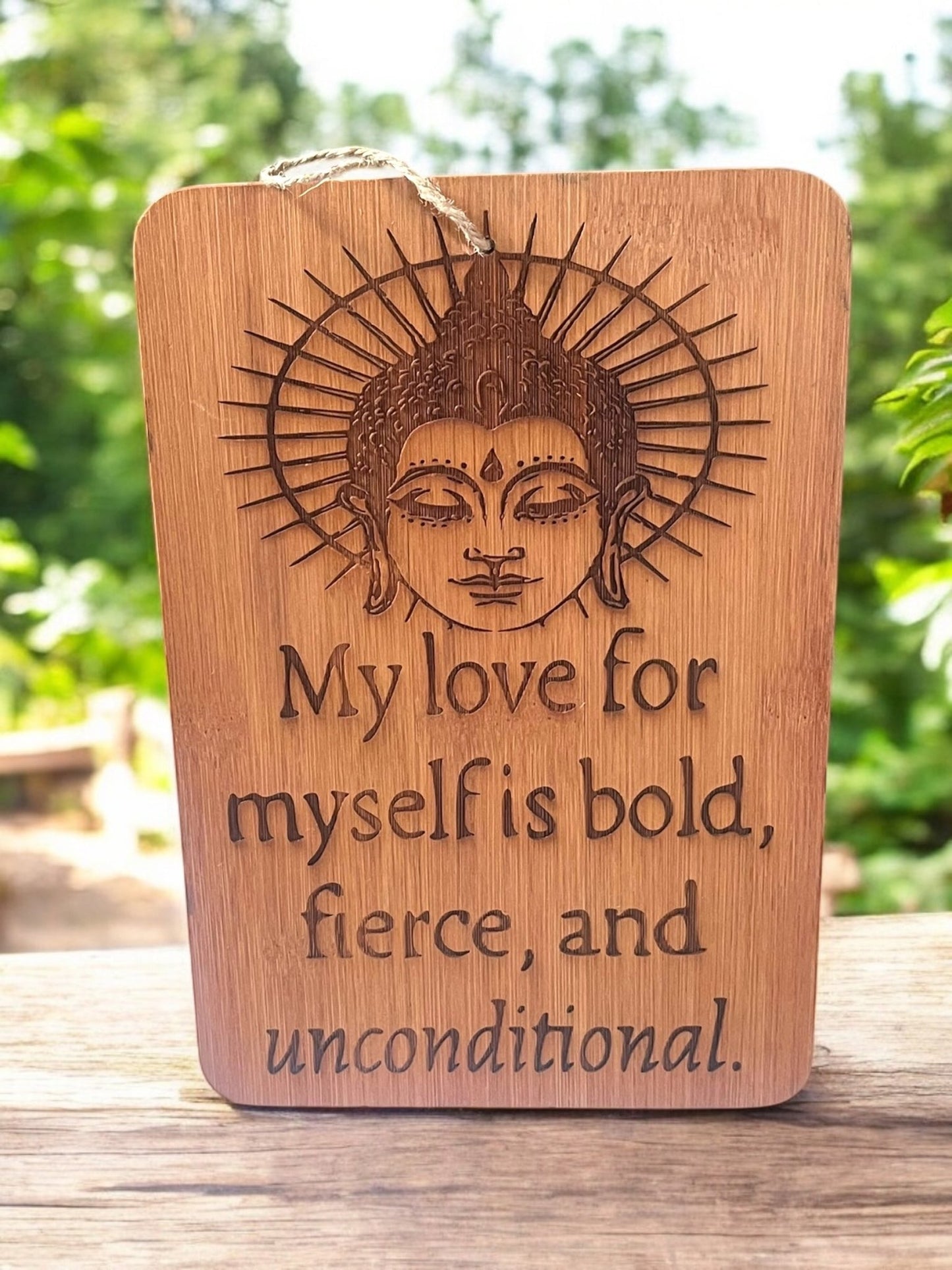 Engraved Bamboo Hanging Plaque – Buddha Self-Love Affirmation (6” x 4”) - JoyfulBliss Co.