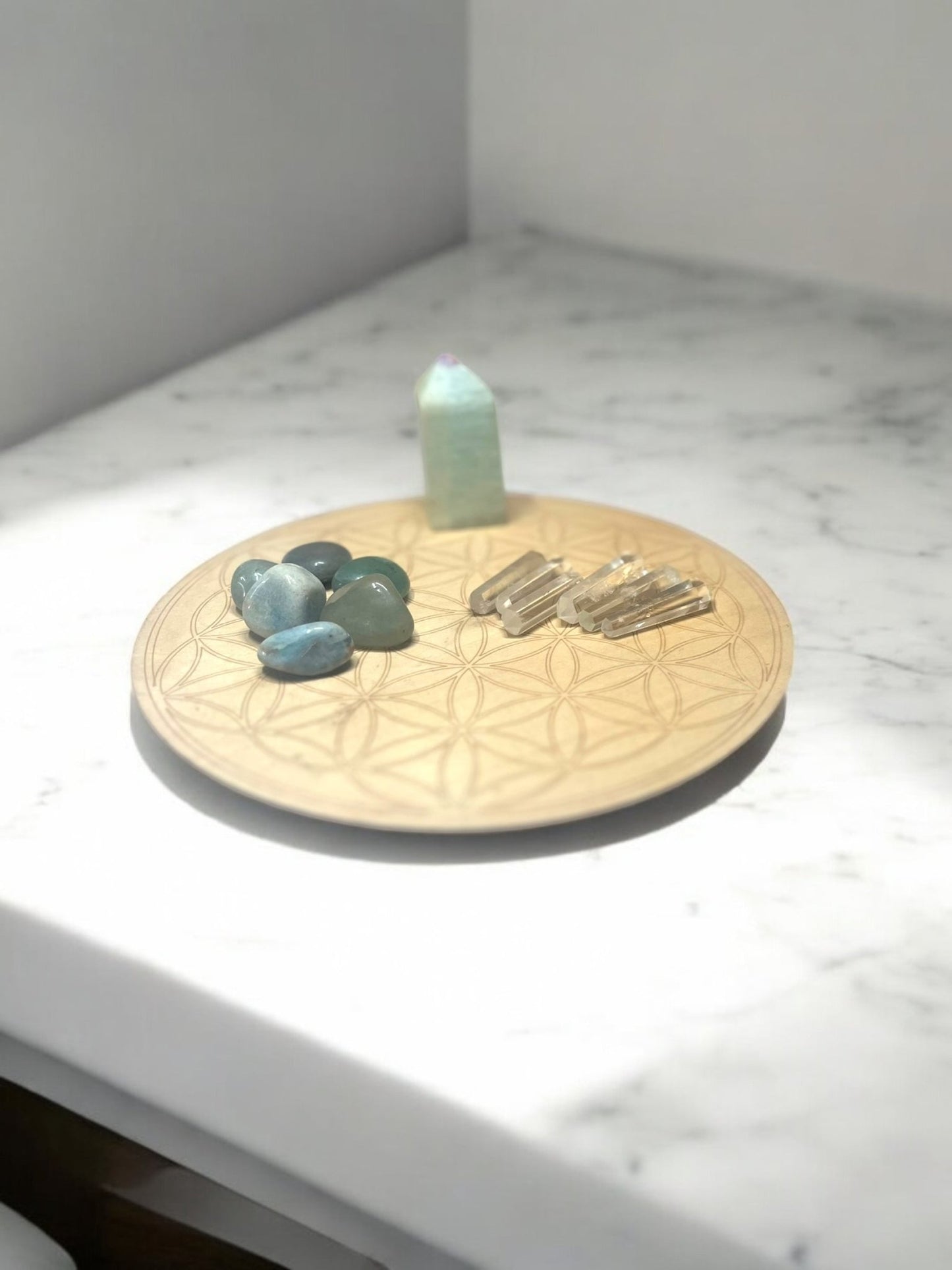 Flower of Life Crystal Grid – Amazonite, Quartz & Green Aventurine for Harmony & Abundance - JoyfulBliss Co.