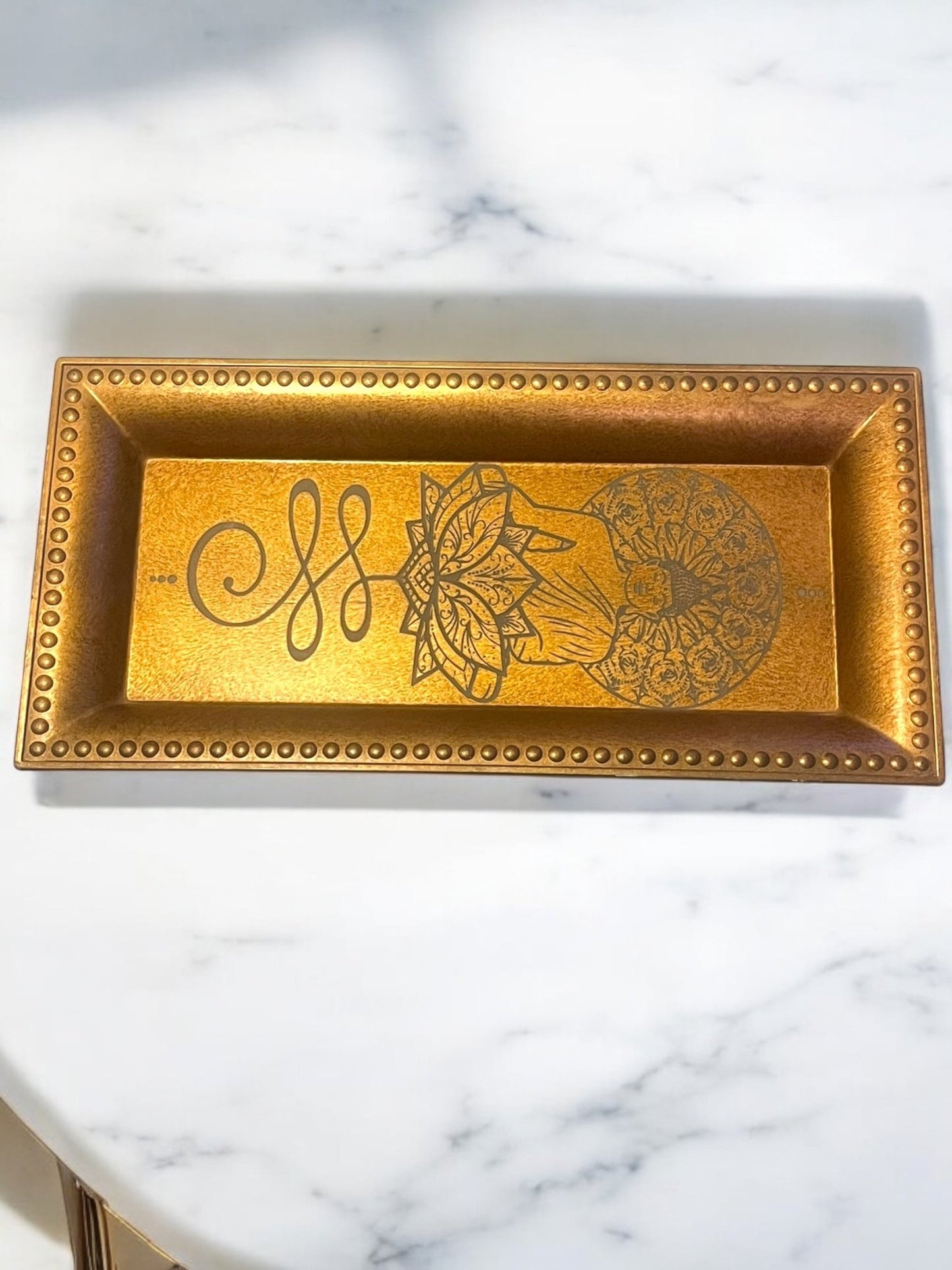 Golden Enlightenment Spiritual Engraved Decorative Plate – 11x5 Inches - JoyfulBliss Co.