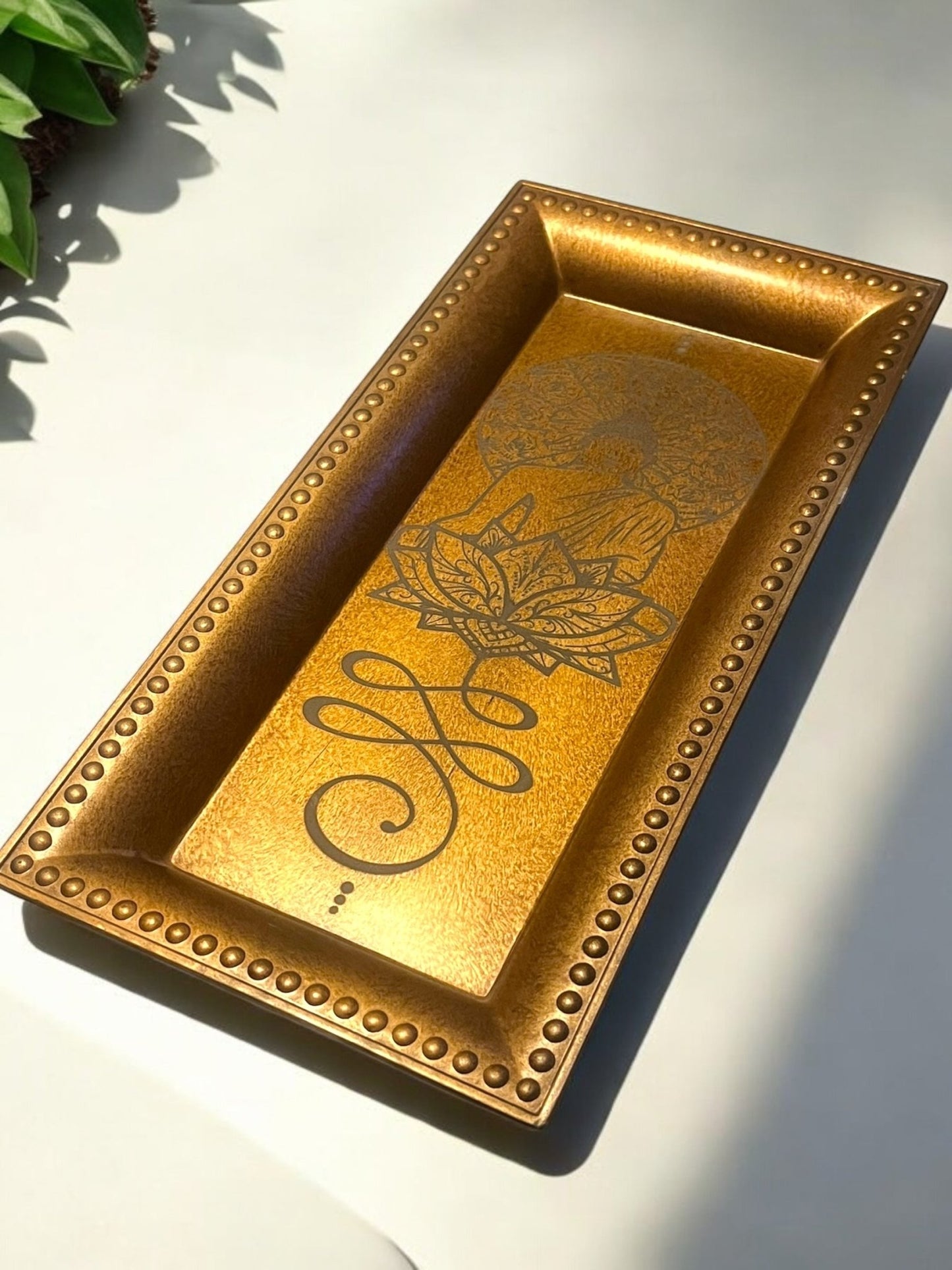 Golden Enlightenment Spiritual Engraved Decorative Plate – 11x5 Inches - JoyfulBliss Co.