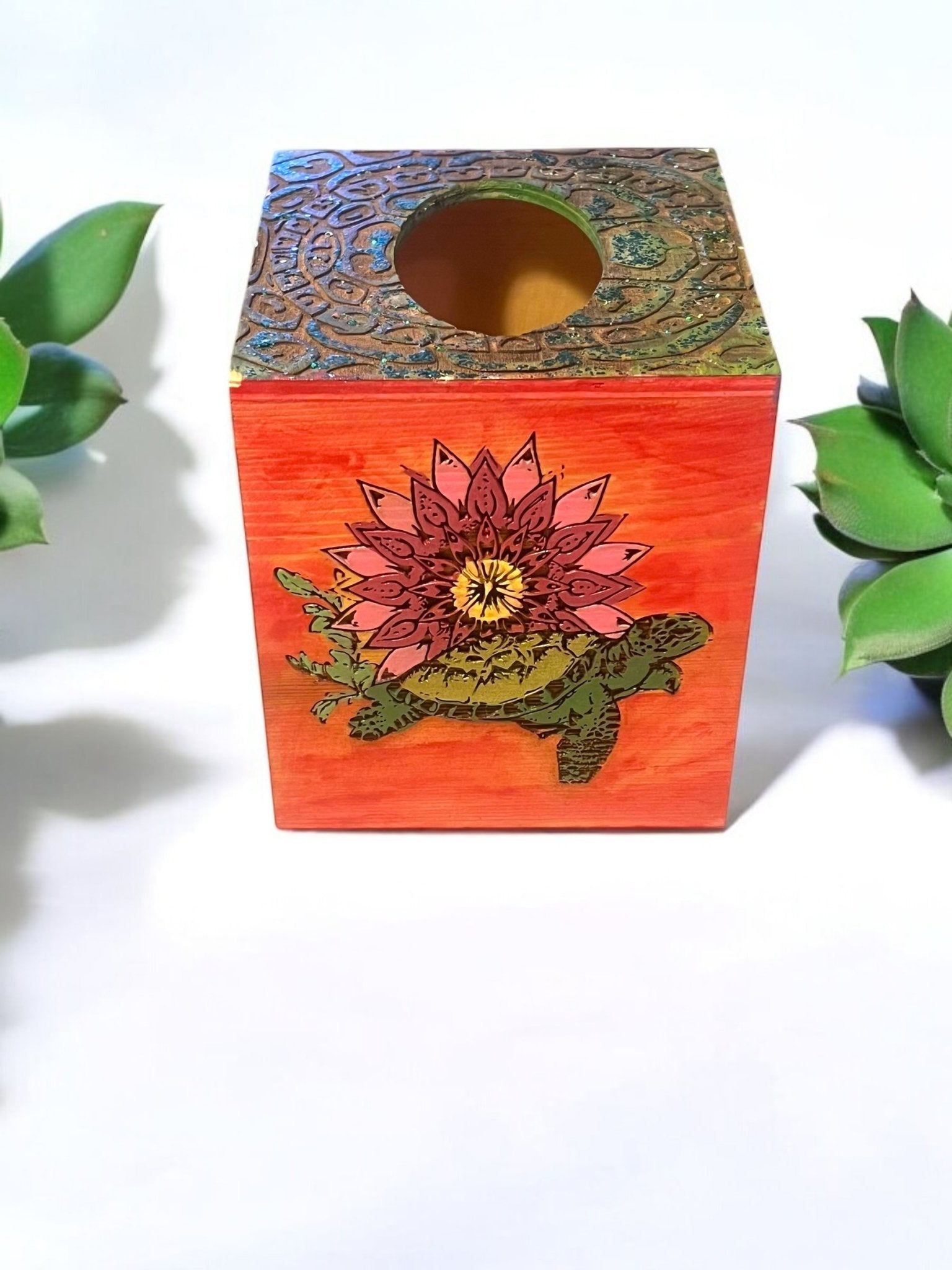Handcrafted Tissue Box – Painted & Engraved by Creek Artist La Ne Ayo (4x4 Inches) - JoyfulBliss Co.