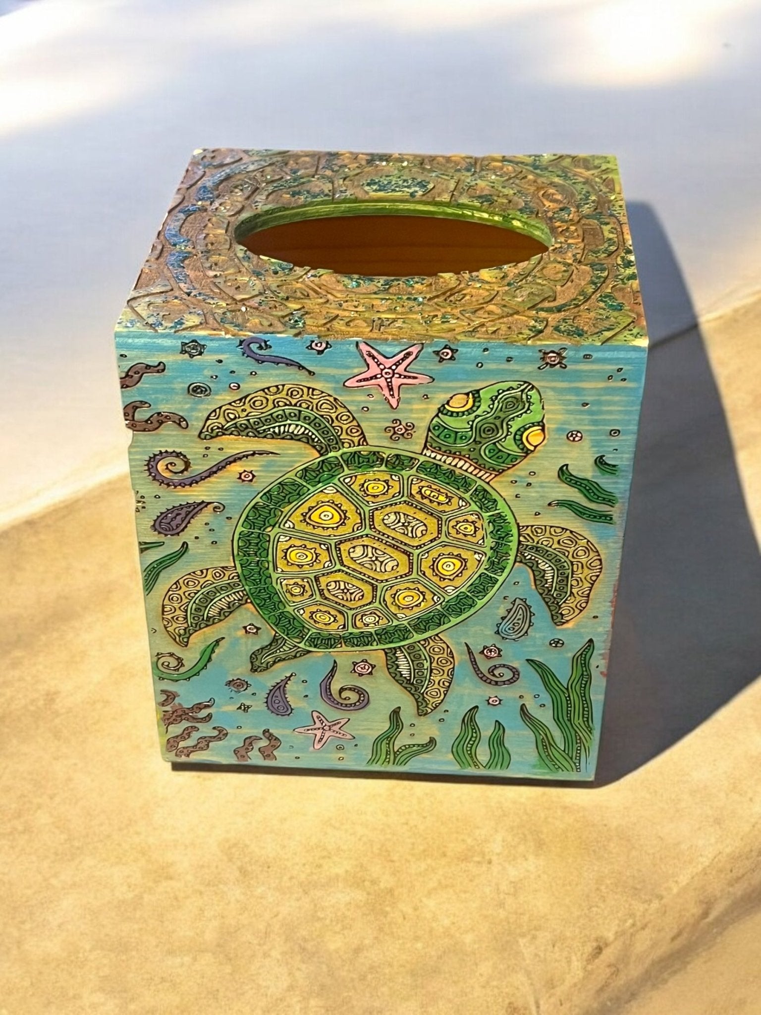 Handcrafted Tissue Box – Painted & Engraved by Creek Artist La Ne Ayo (4x4 Inches) - JoyfulBliss Co.