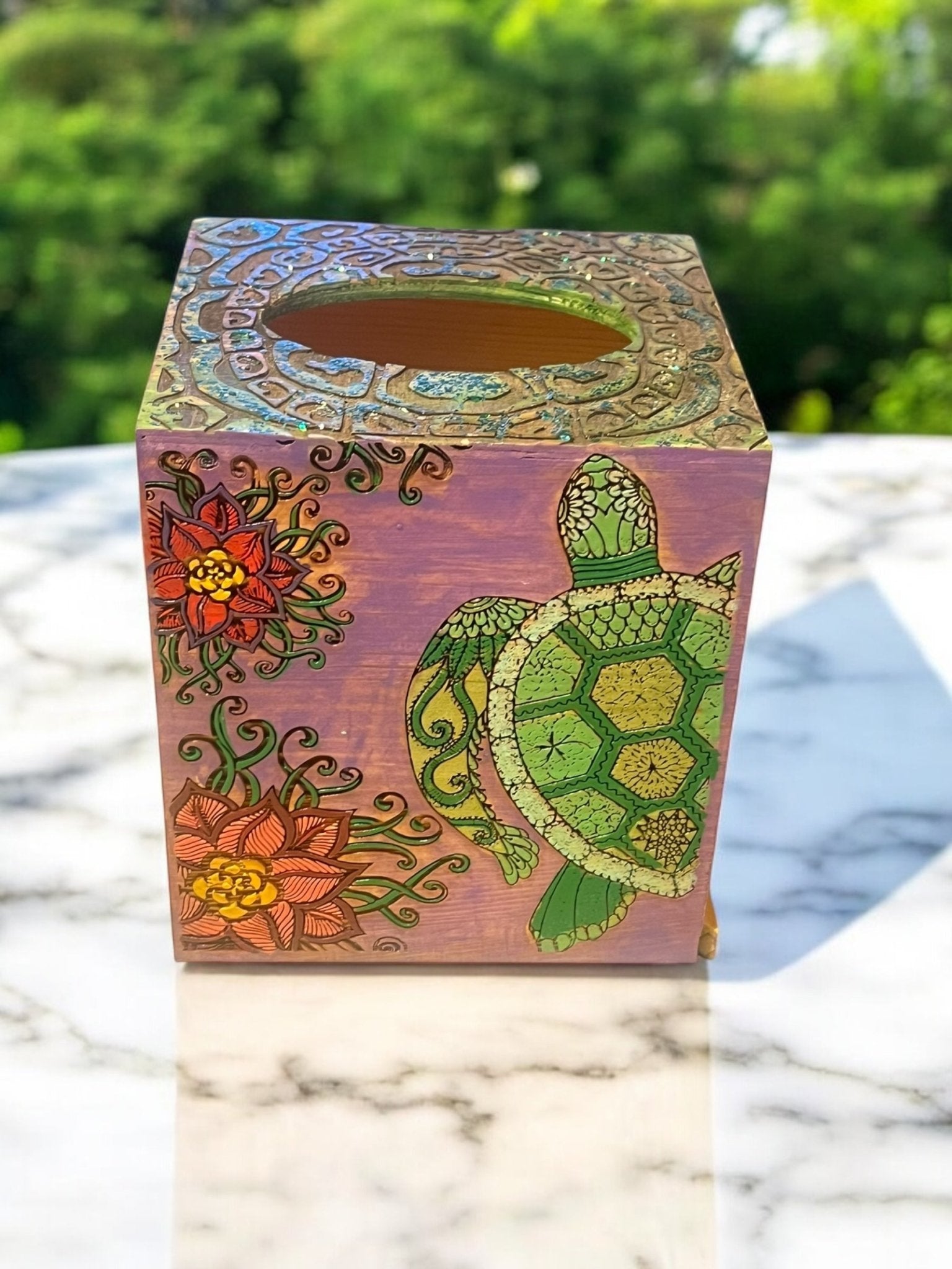 Handcrafted Tissue Box – Painted & Engraved by Creek Artist La Ne Ayo (4x4 Inches) - JoyfulBliss Co.