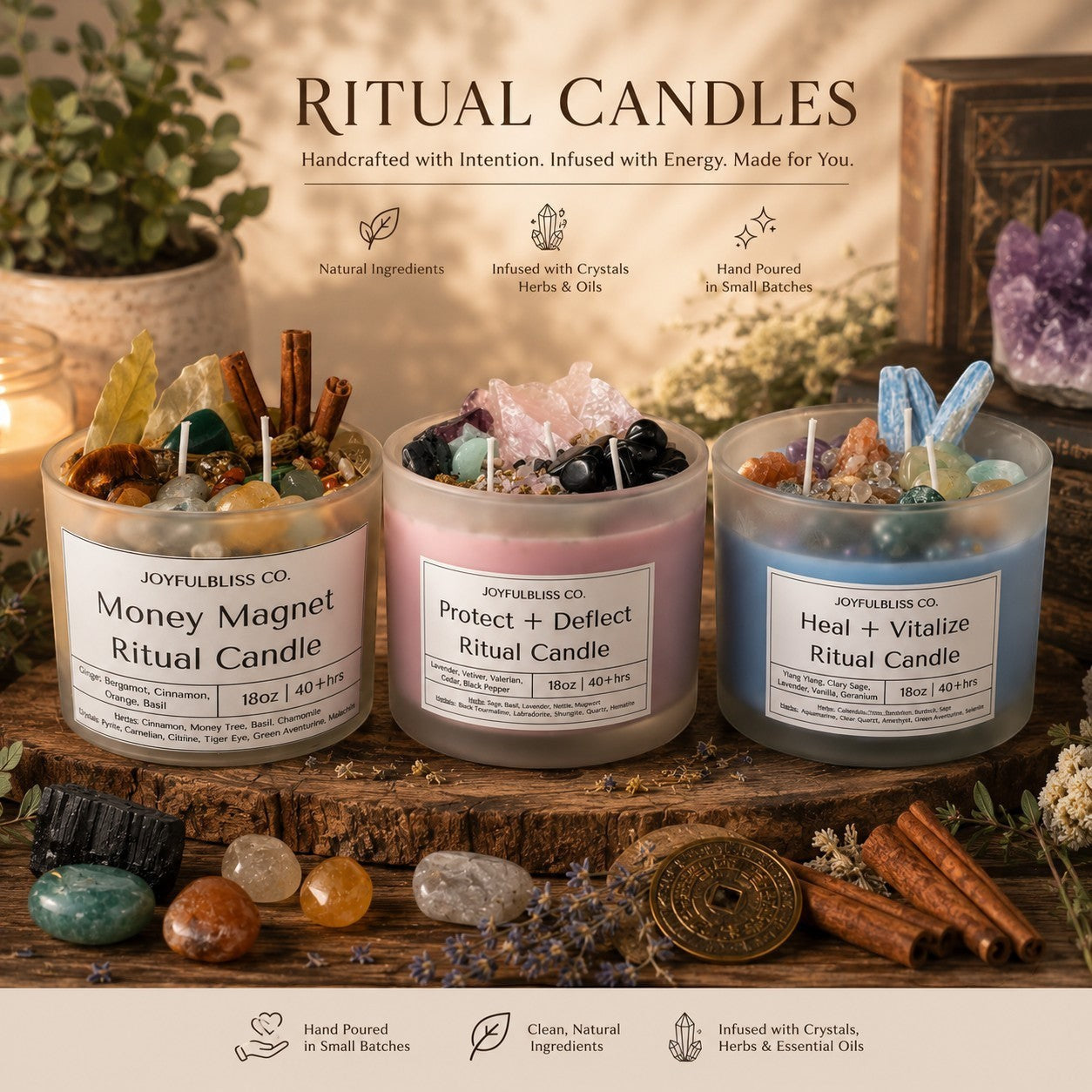 JoyfulBliss Co. Money Magnet ritual candle in a frosted glass jar with crystals, botanicals, and triple cotton wicks.