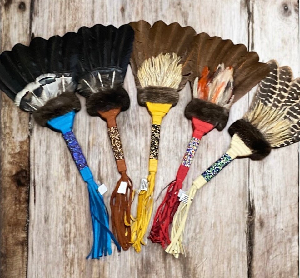 Native American Authentic Handcrafted Beaded & Leather Wrapped Prayer Smudge Fan By Creek Artist LA NE AYO - JoyfulBliss Co.