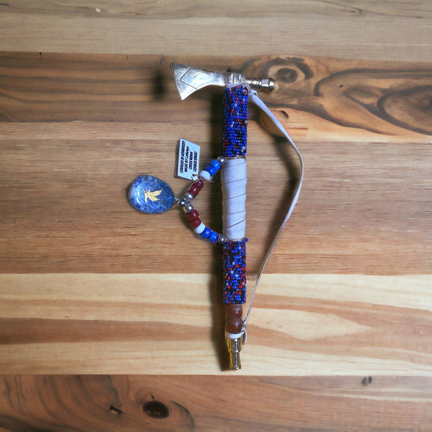 Native American Handmade Beaded & Leathered Brass Tomahawk Pipe 9in - JoyfulBliss Co.
