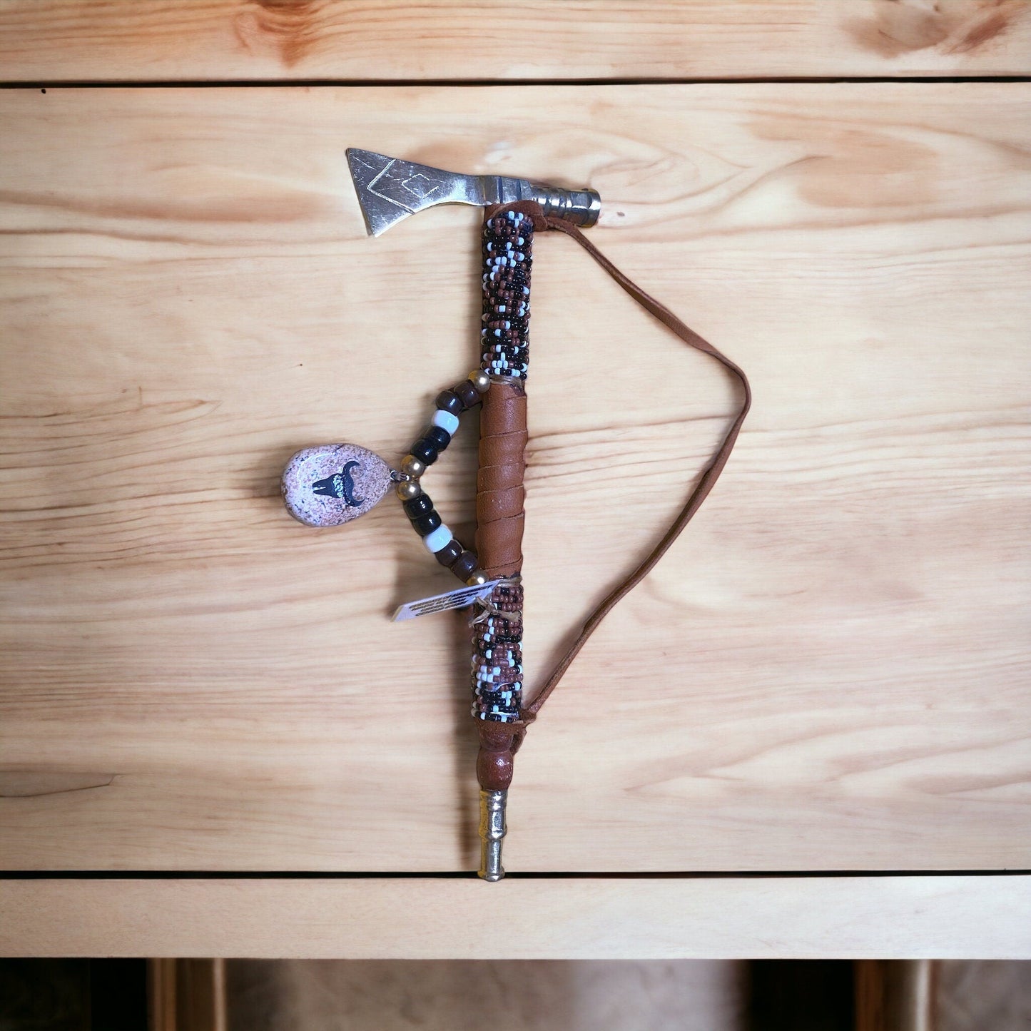 Native American Handmade Beaded & Leathered Brass Tomahawk Pipe 9in - JoyfulBliss Co.