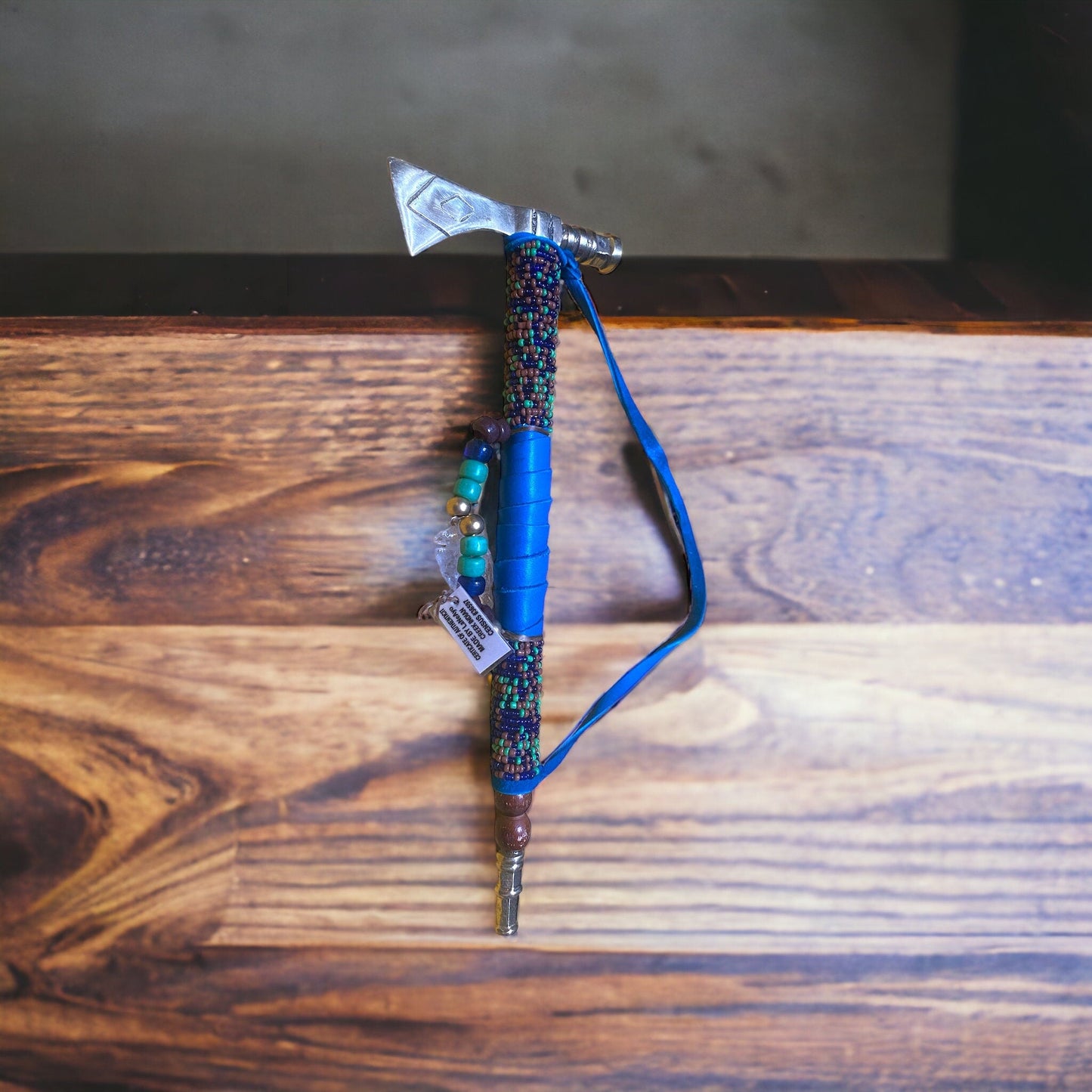 Native American Handmade Beaded & Leathered Brass Tomahawk Pipe 9in - JoyfulBliss Co.