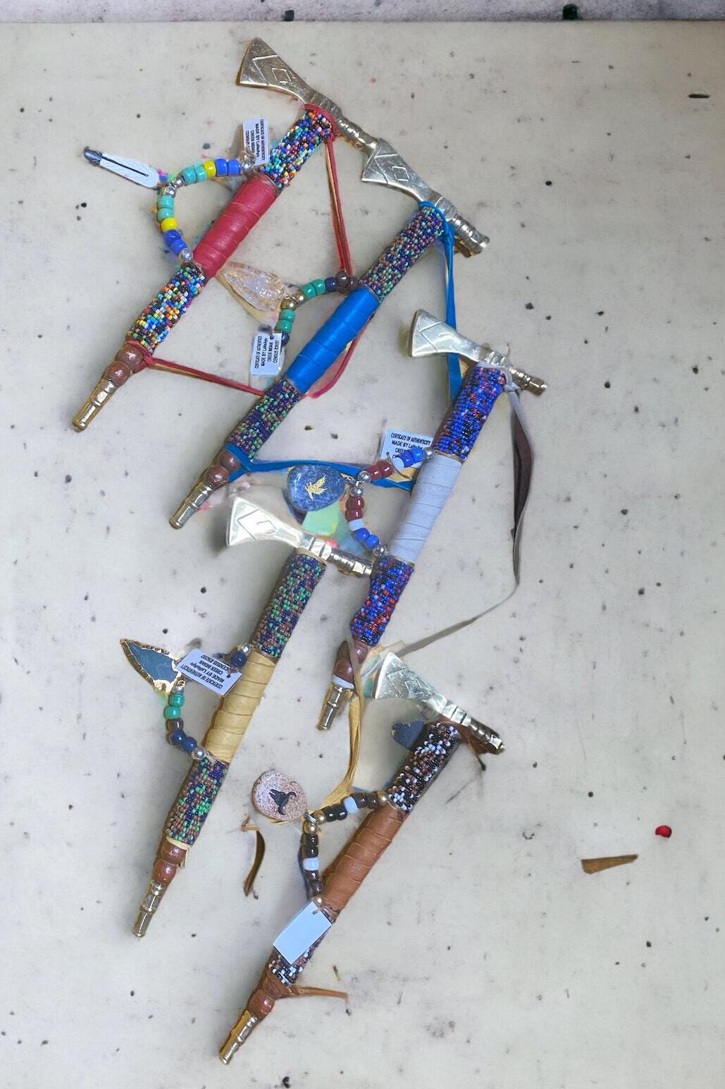Native American Handmade Beaded & Leathered Brass Tomahawk Pipe 9in - JoyfulBliss Co.