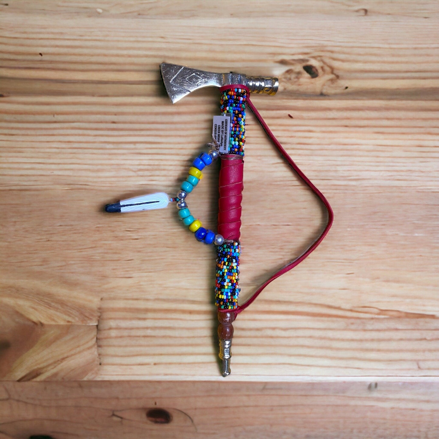 Native American Handmade Beaded & Leathered Brass Tomahawk Pipe 9in - JoyfulBliss Co.