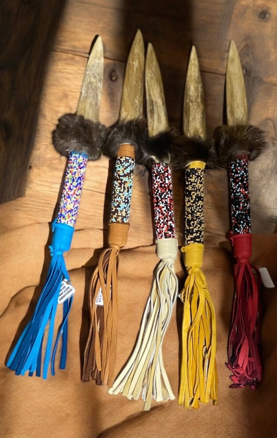 Native American Handmade By Creek Artist La Ne Ayo Buffalo Bone Beaded, Leather Wrapped Knife 13in. - JoyfulBliss Co.