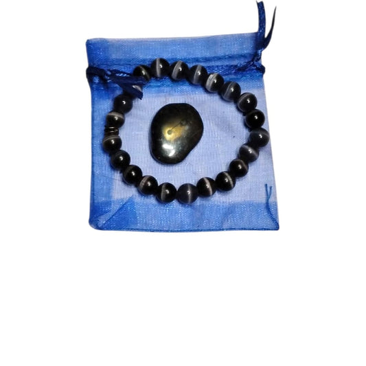 Cat’s Eye Black Glass Bracelet with Hematite Tumbled Stone – Protection, Focus & Grounding Set
