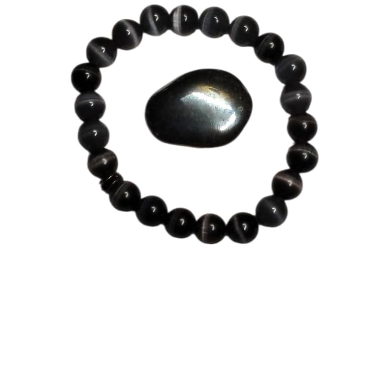 Cat’s Eye Black Glass Bracelet with Hematite Tumbled Stone – Protection, Focus & Grounding Set