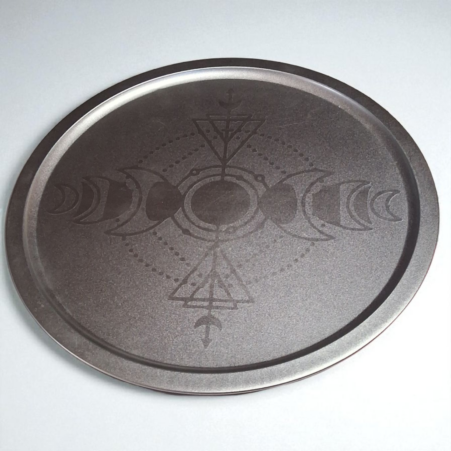 Engraved Silver Tray – 12" Round Decorative Moon Phase & Geometric Altar Plate