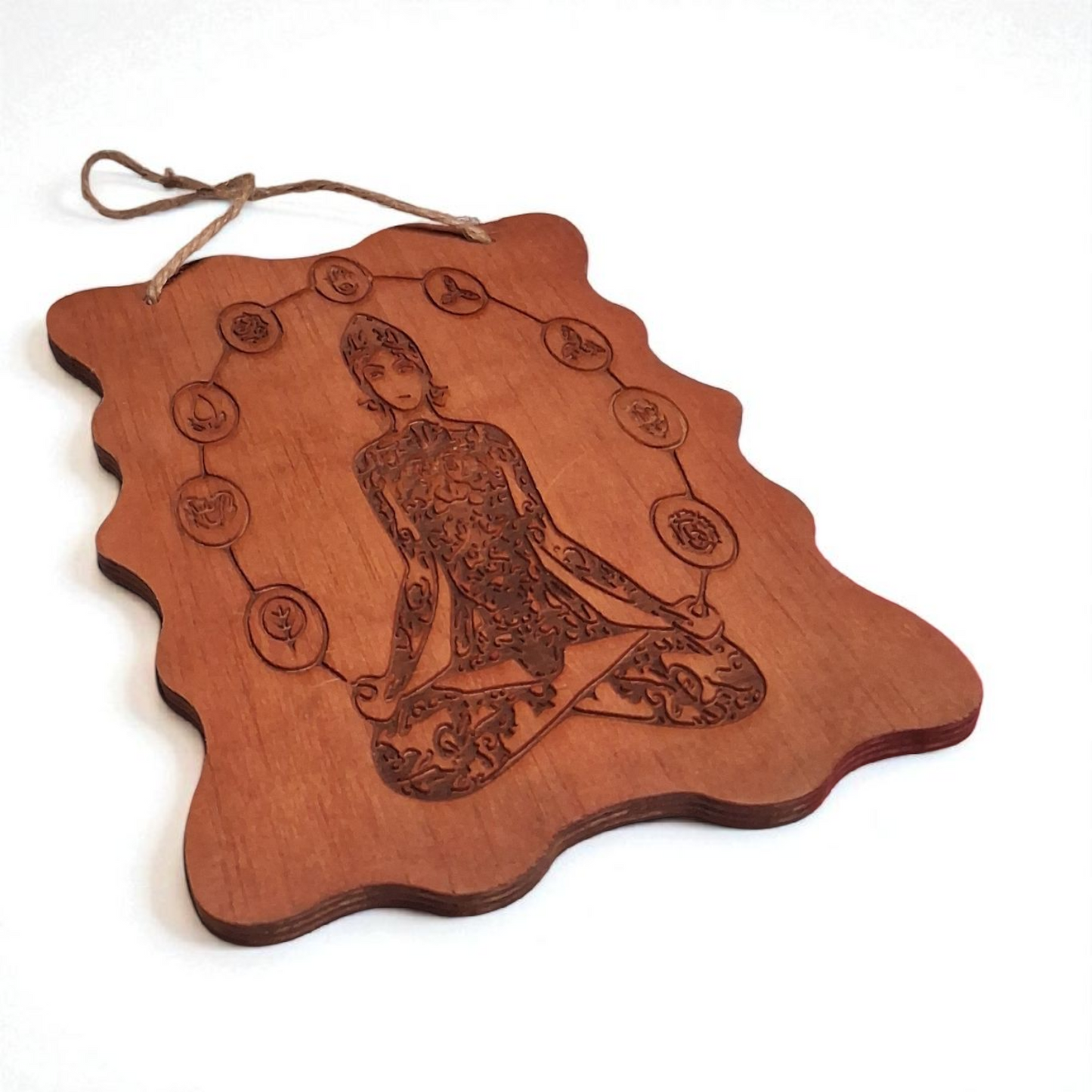 Engraved Wooden Chakra Wall Hanging – 5" x 8" Meditating Figure with Seven Chakra Symbols | Spiritual Home & Altar Décor