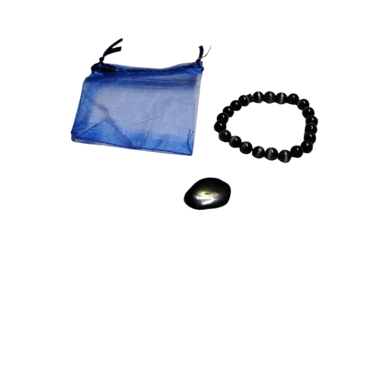 Cat’s Eye Black Glass Bracelet with Hematite Tumbled Stone – Protection, Focus & Grounding Set