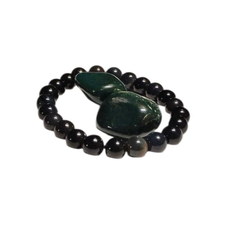 Agate 8mm Bracelet with 2 Bloodstone Tumbled Crystals – Strength, Vitality & Grounding Set