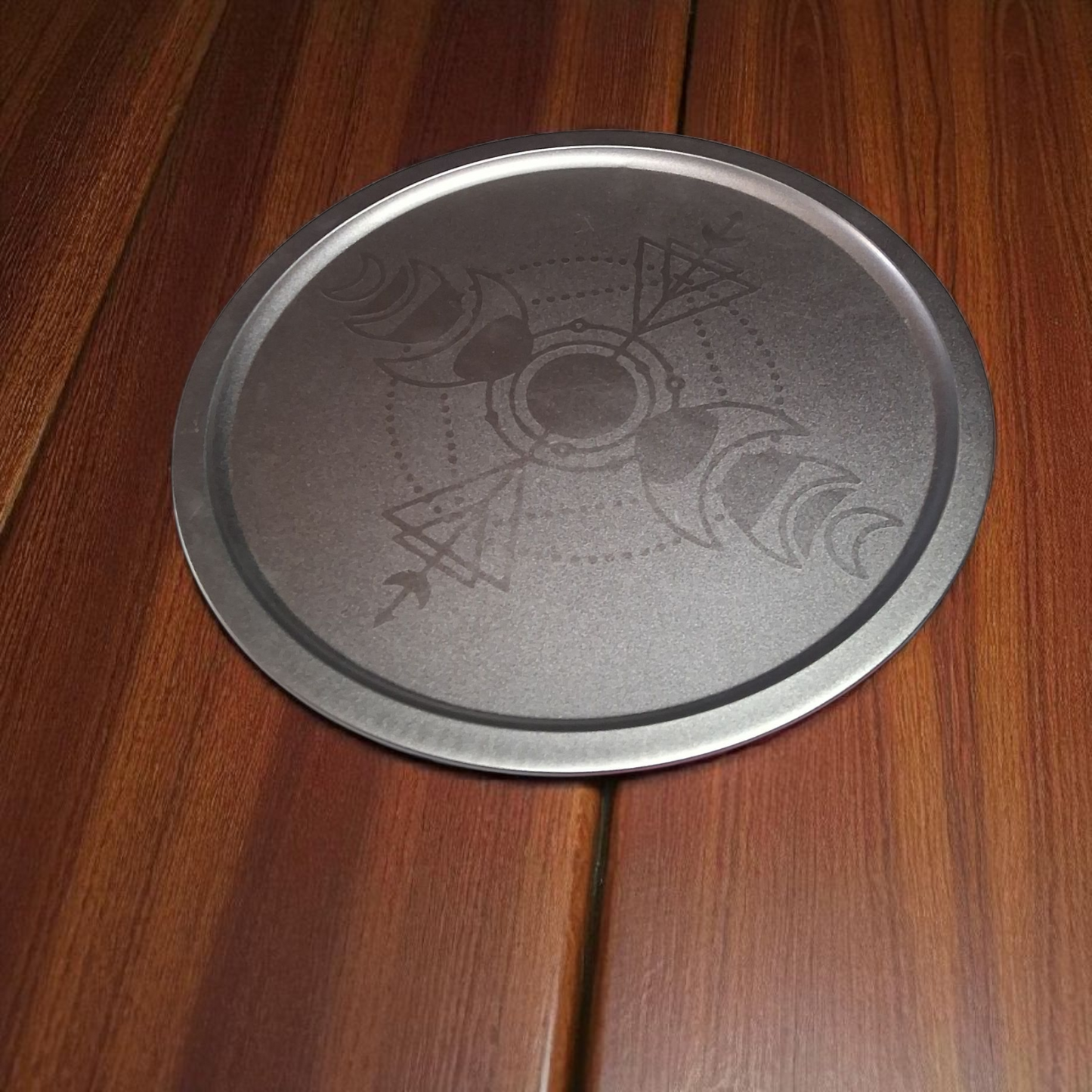 Engraved Silver Tray – 12" Round Decorative Moon Phase & Geometric Altar Plate