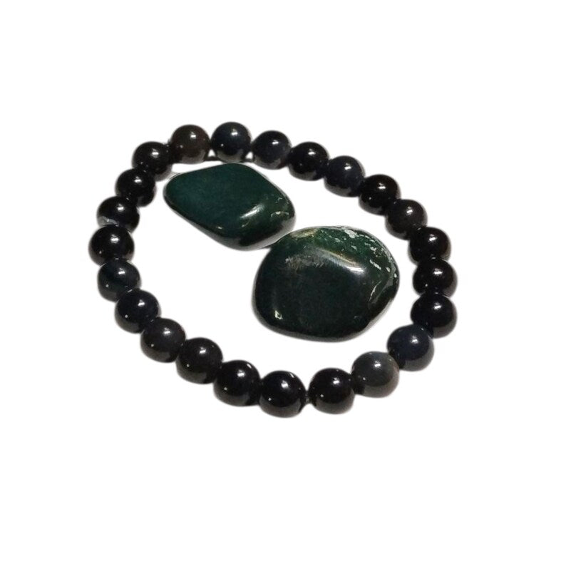 Agate 8mm Bracelet with 2 Bloodstone Tumbled Crystals – Strength, Vitality & Grounding Set