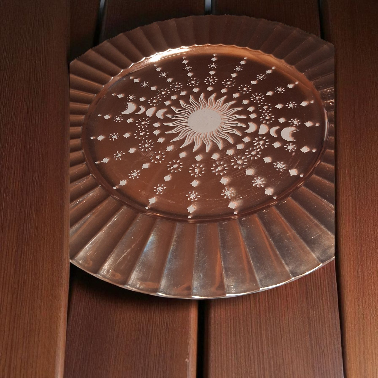 Engraved Copper Plate – 12" Decorative Tray with Sun & Moon Phase Mandala Design