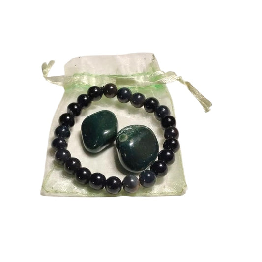 Agate 8mm Bracelet with 2 Bloodstone Tumbled Crystals – Strength, Vitality & Grounding Set