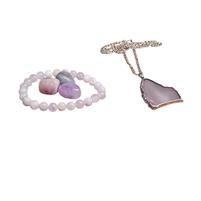 Amethyst Crystal Healing Set with Agate Pendant Necklace, Bracelet & Tumbled Stones