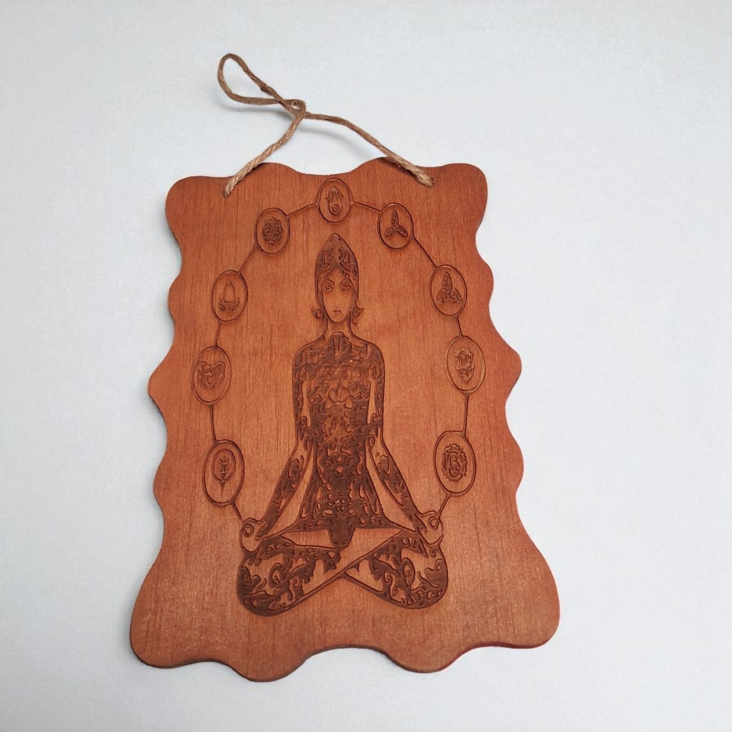 Engraved Wooden Chakra Wall Hanging – 5" x 8" Meditating Figure with Seven Chakra Symbols | Spiritual Home & Altar Décor
