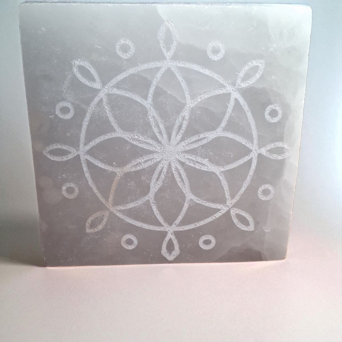 Selenite Engraved Charging Plate – 4.5" x 4.5" x 0.5" Crystal Grid Energy Cleansing Slab