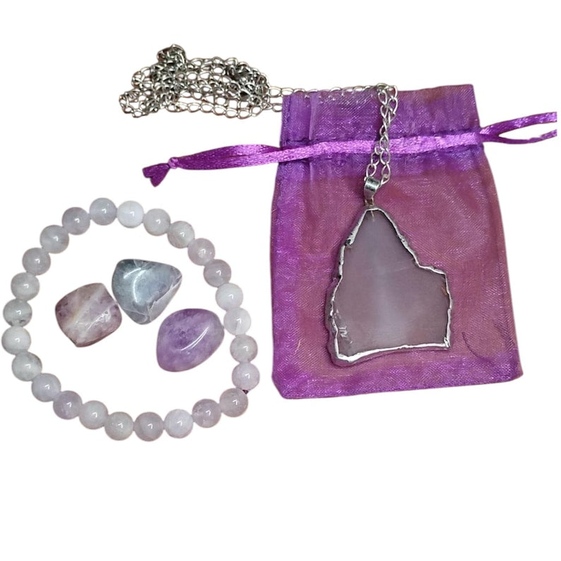 Amethyst Crystal Healing Set with Agate Pendant Necklace, Bracelet & Tumbled Stones