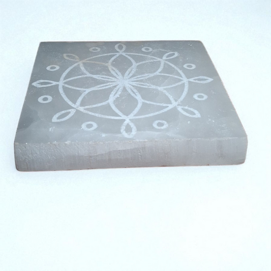 Selenite Engraved Charging Plate – 4.5" x 4.5" x 0.5" Crystal Grid Energy Cleansing Slab - JoyfulBliss Co.