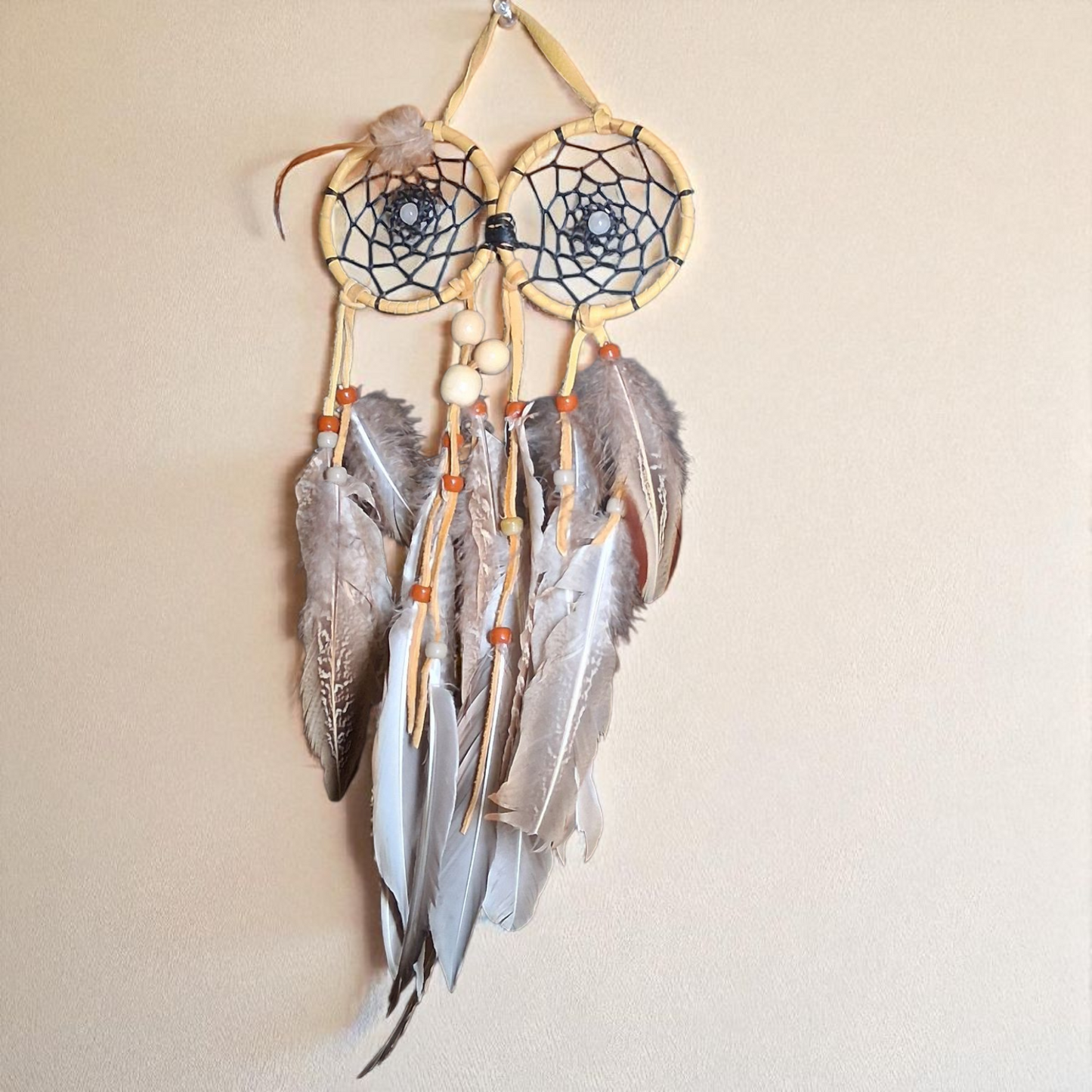 Owl-Themed Double Dream Catcher – 15x6 Handmade Feather Wall Hanging for Protection & Wisdom