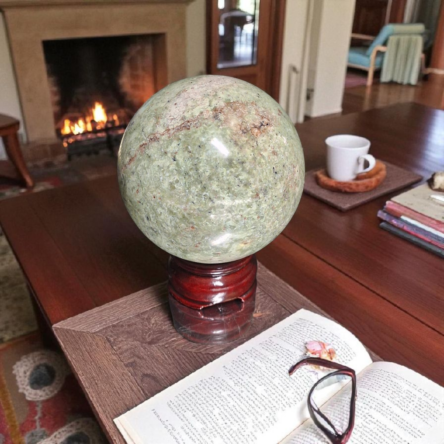 Chrysoprase Crystal Sphere – 80mm Polished Gemstone Ball with Wooden Stand