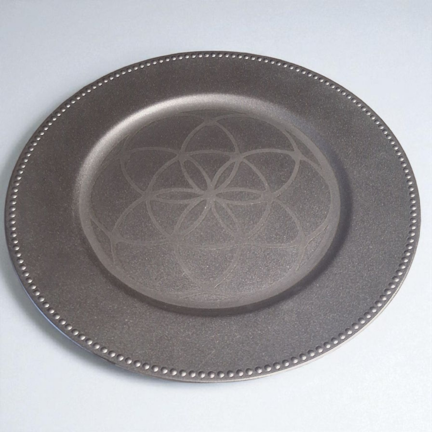 Engraved Silver Plate – 12" Decorative Tray with Flower of Life Sacred Geometry Design