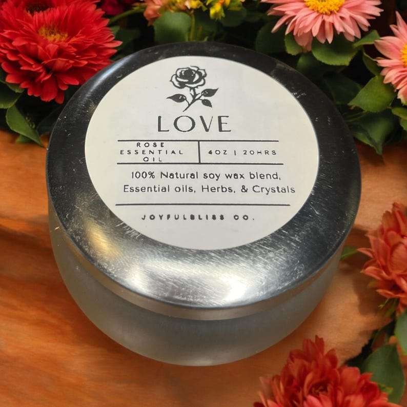 Love Candle – Rose Essential Oil with Herbs & Crystals | JoyfulBliss Co.