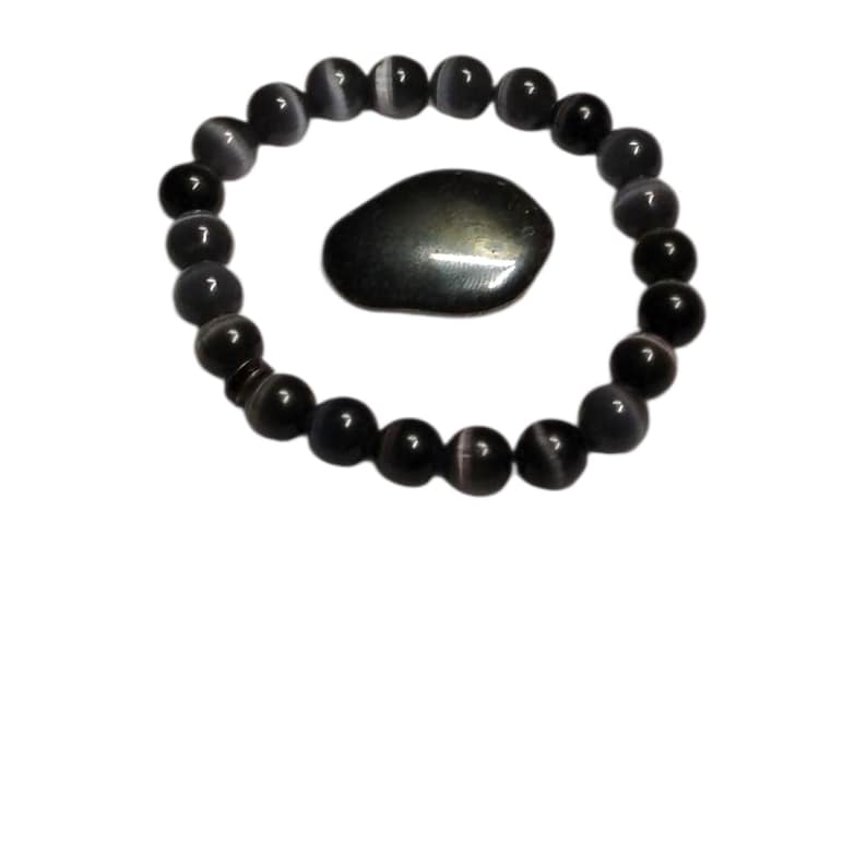 Cat’s Eye Black Glass Bracelet with Hematite Tumbled Stone – Protection, Focus & Grounding Set