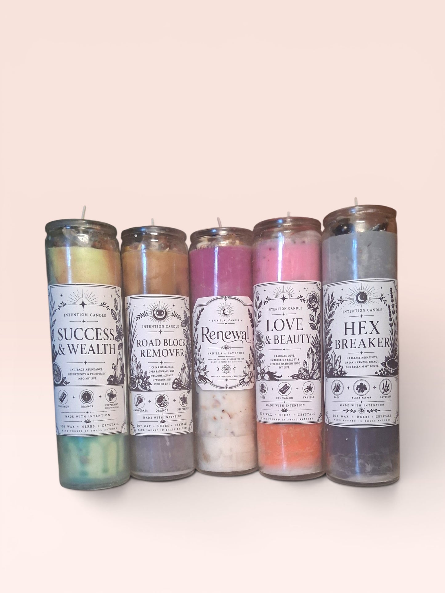 5 Intention Candle Set | Spiritual Ritual Candle Bundle with Herbs, Crystals & Essential Oils | Hand-Poured Soy Wax Candles