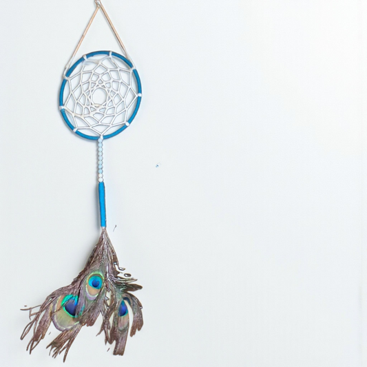 Peacock Feather Dream Catcher – 4x12 Blue and White Handmade Boho Wall Hanging for Protection & Positive Energy