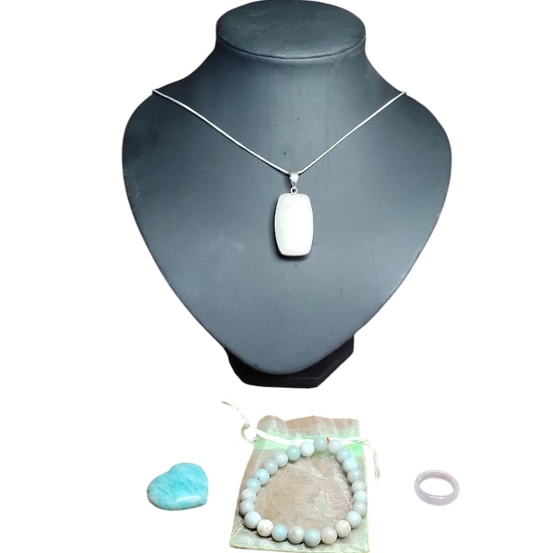 Amazonite Crystal Jewelry Healing Set Pendant Necklace, Bracelet, Heart Stone & Ring with Gift Bag