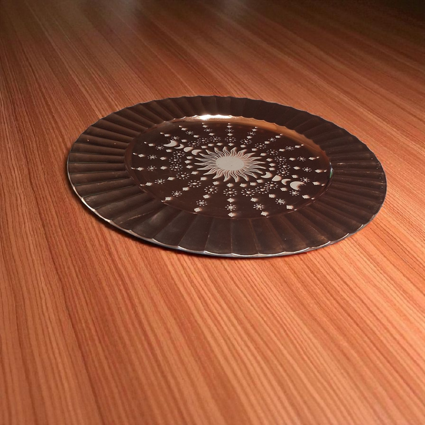 Engraved Copper Plate – 12" Decorative Tray with Sun & Moon Phase Mandala Design