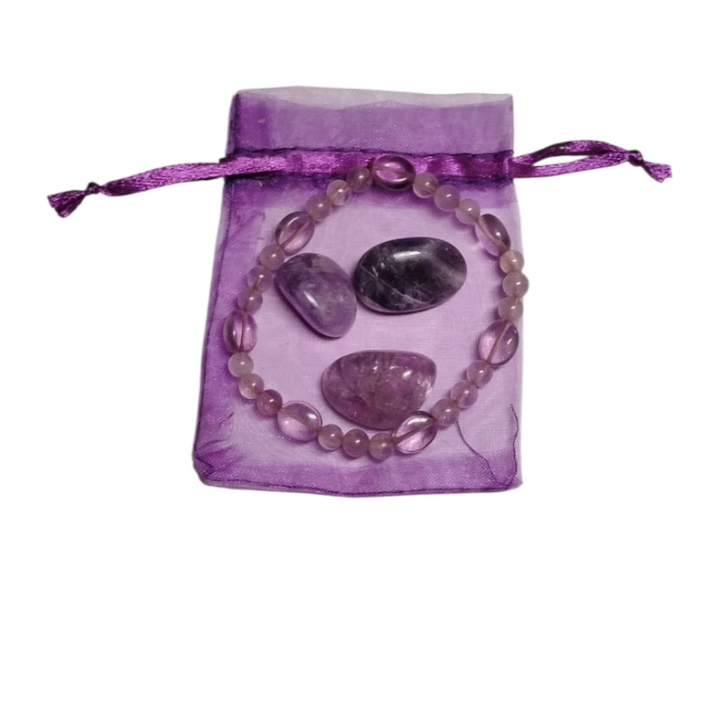 Amethyst Bracelet with 3 Amethyst Tumbled Stones – Calming & Spiritual Healing Crystal Set