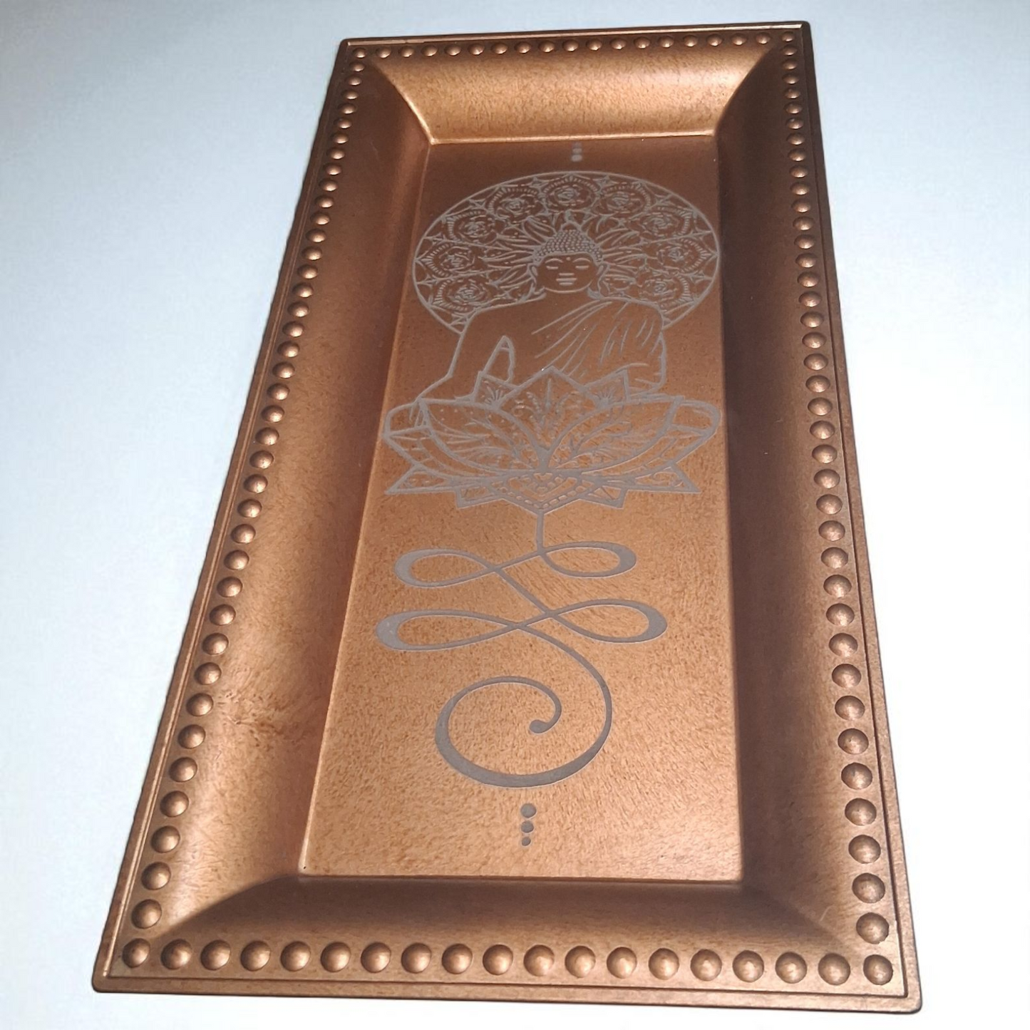 Engraved Buddha Lotus Copper-Tone Tray – 7" x 14" Decorative Spiritual Altar & Home Décor